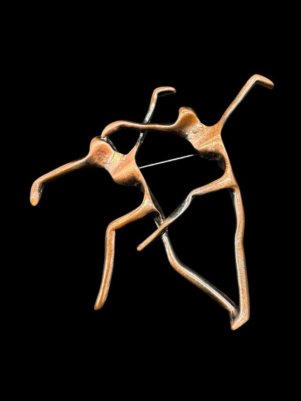 Modernist Copper Tone 2 Dancers Stick Figures Brooch Pin Costume Jewelry